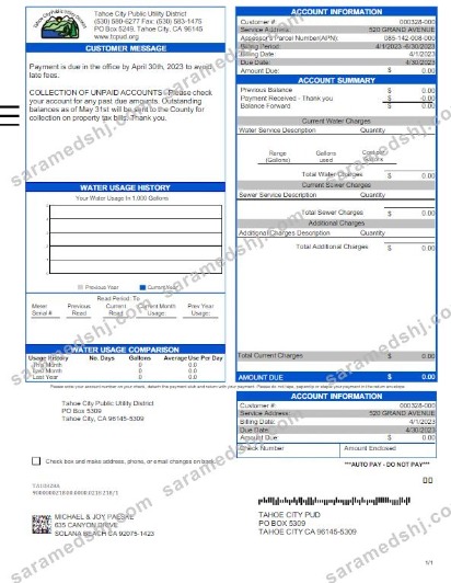 USA TAHOE CITY PUBLIC UTILITY utility bill Word and PDF template